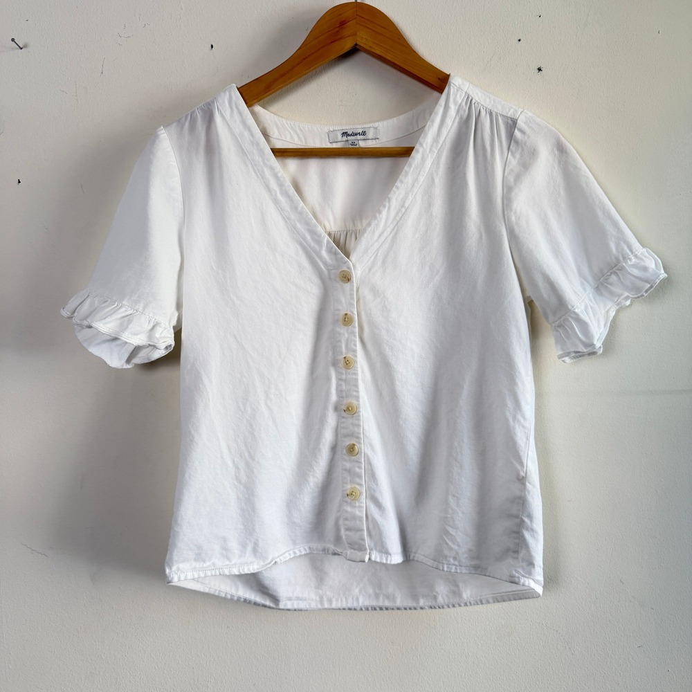 Madewell Women's Blouse Casual XS White Cotton Modal Boho Ruffle Button Down
